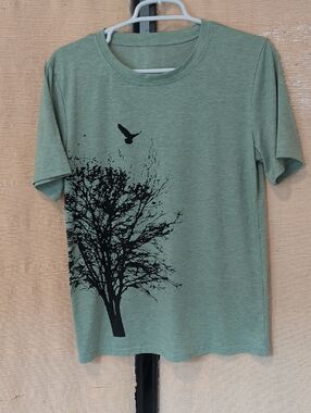 Amazon Green Short Sleeve Tee with Black Tree & Bird Graphic